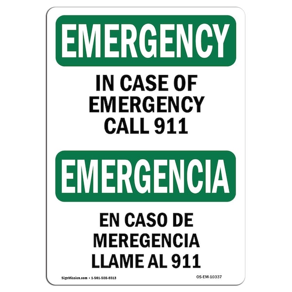 Signmission OSHA EMERGENCY Sign, In Case Of Call 911 Bilingual, 5in X 3.5in Decal, 3.5" W, 5" L, Landscape OS-EM-D-35-L-10337 - main